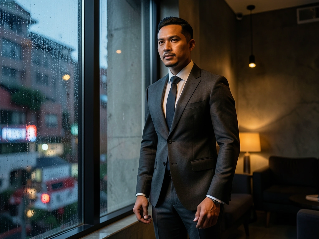 Sophisticated Indonesian man in tailored charcoal suit